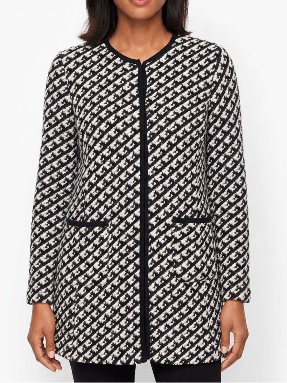 Talbots Petites Wool Blend Bouncle Knit Coat Jacket Black White Pattern Size MP